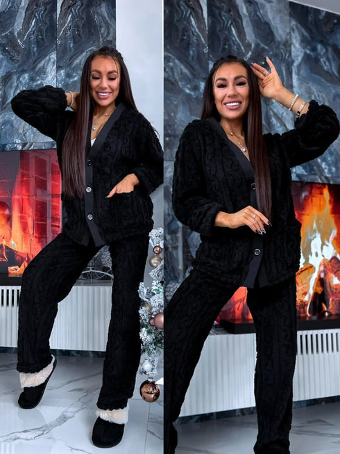 Soft home suit with button down jacket - BLACK